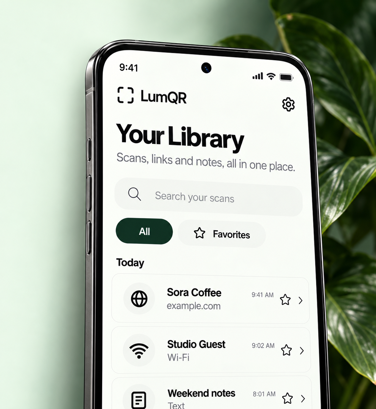 Illustration of LumQR's searchable Library with saved links, text and Wi-Fi networks.