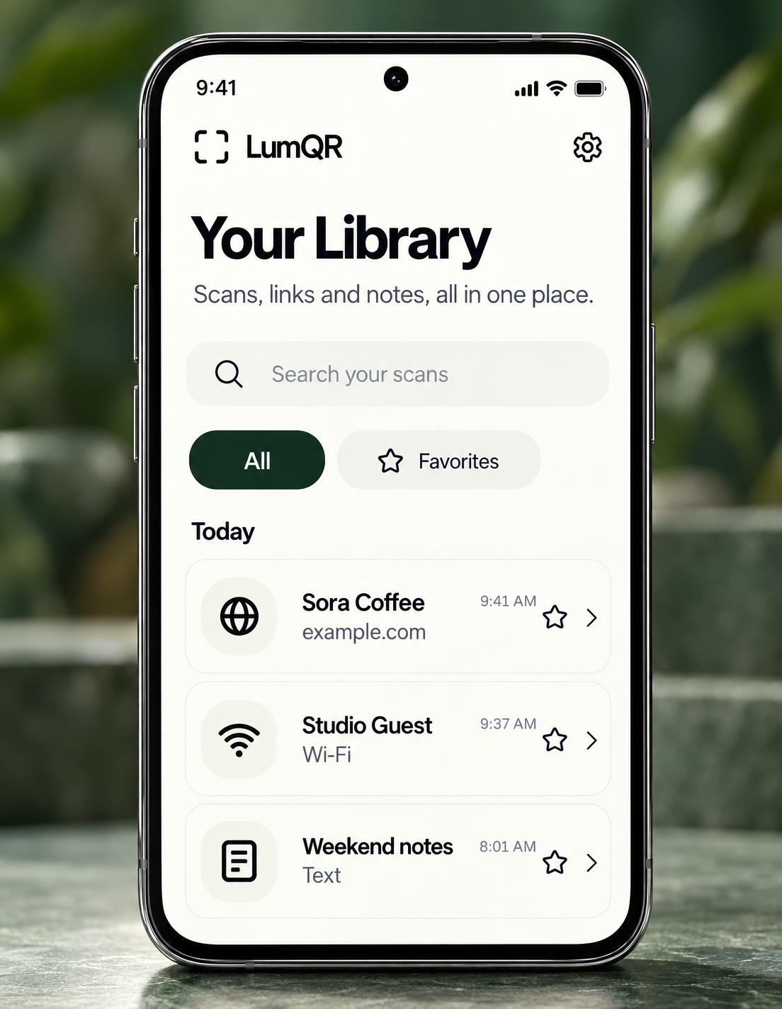 A searchable LumQR Library of saved websites, Wi-Fi networks and text.